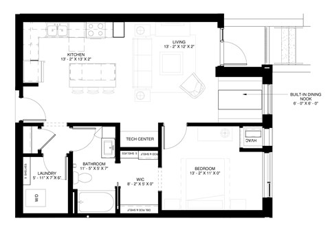 Floor plan for a 1 bedroom and 1 bath apartment unit